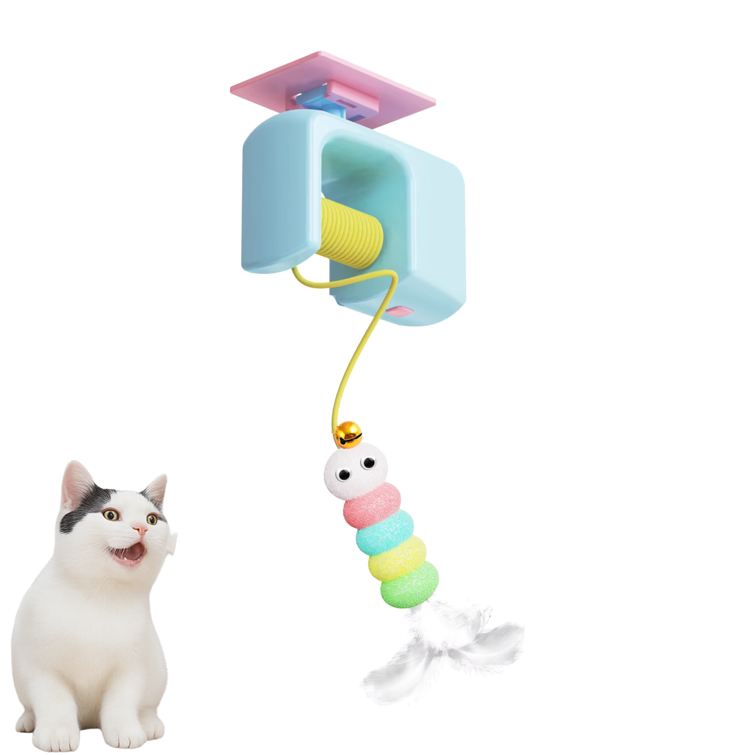 Interaktywna zabawka dla kota - gąsienica z piórkiem montaż do framugi